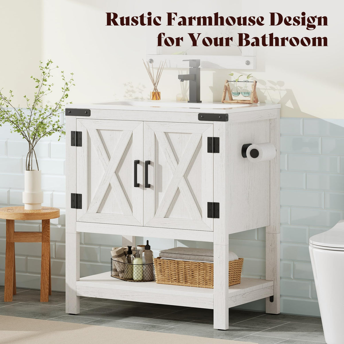 AMERLIFE 48" White Farmhouse Sink Bathroom Vanity, Solid White Top