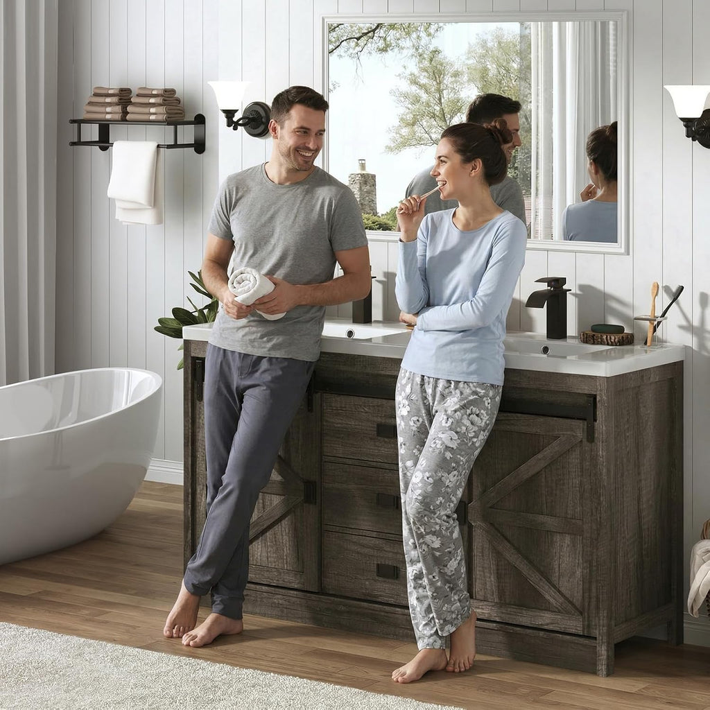 Double Bathroom Vanity with Sink & Faucet & Sewer Pipes,59" Farmhouse Bathroom Vanity Cabinet Set with 3 Storage Drawers & Sliding Barn Door,Double Sink Vanities With Metal Handle(Rustic Grey)