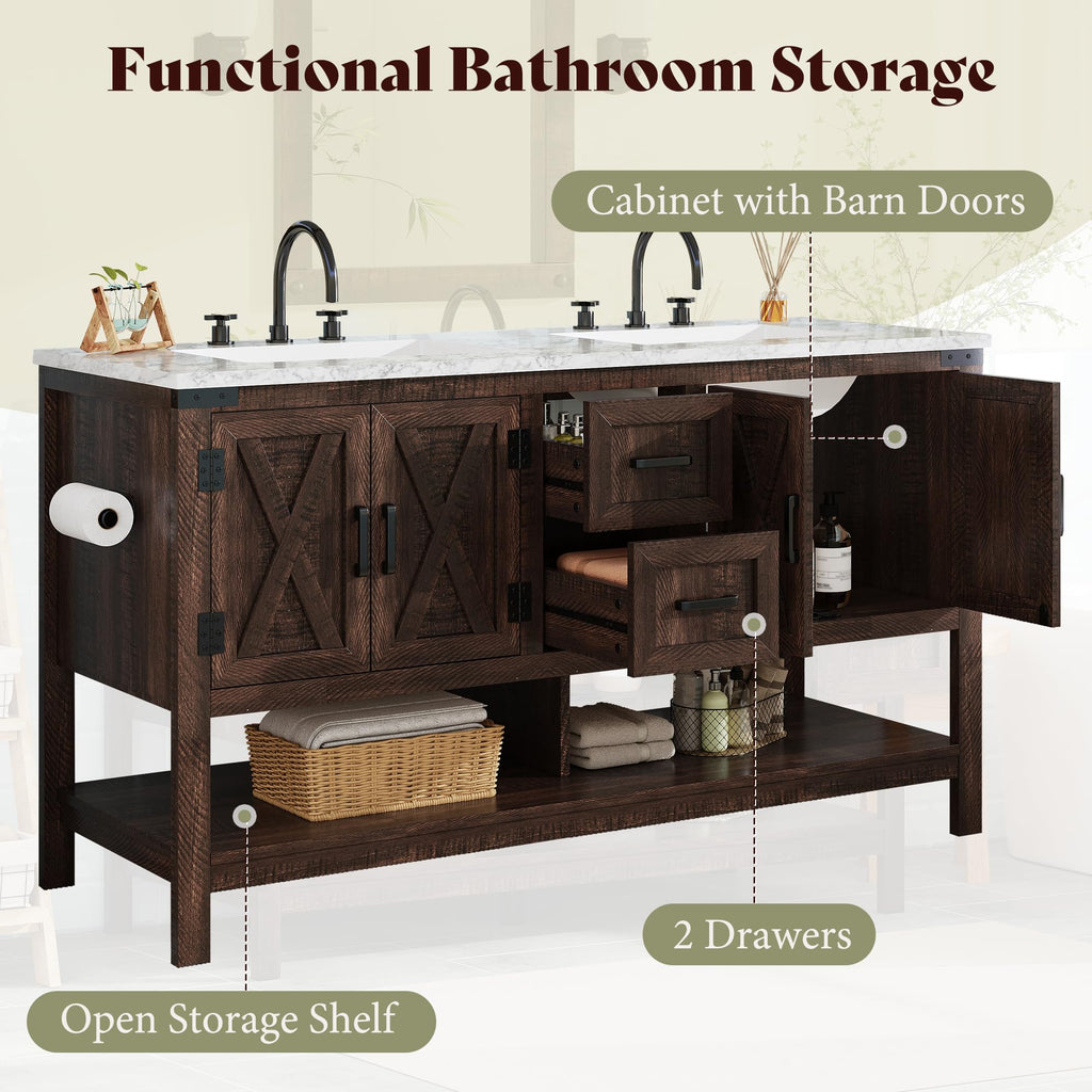 AMERLIFE 48" White Farmhouse Sink Bathroom Vanity, Solid White Top