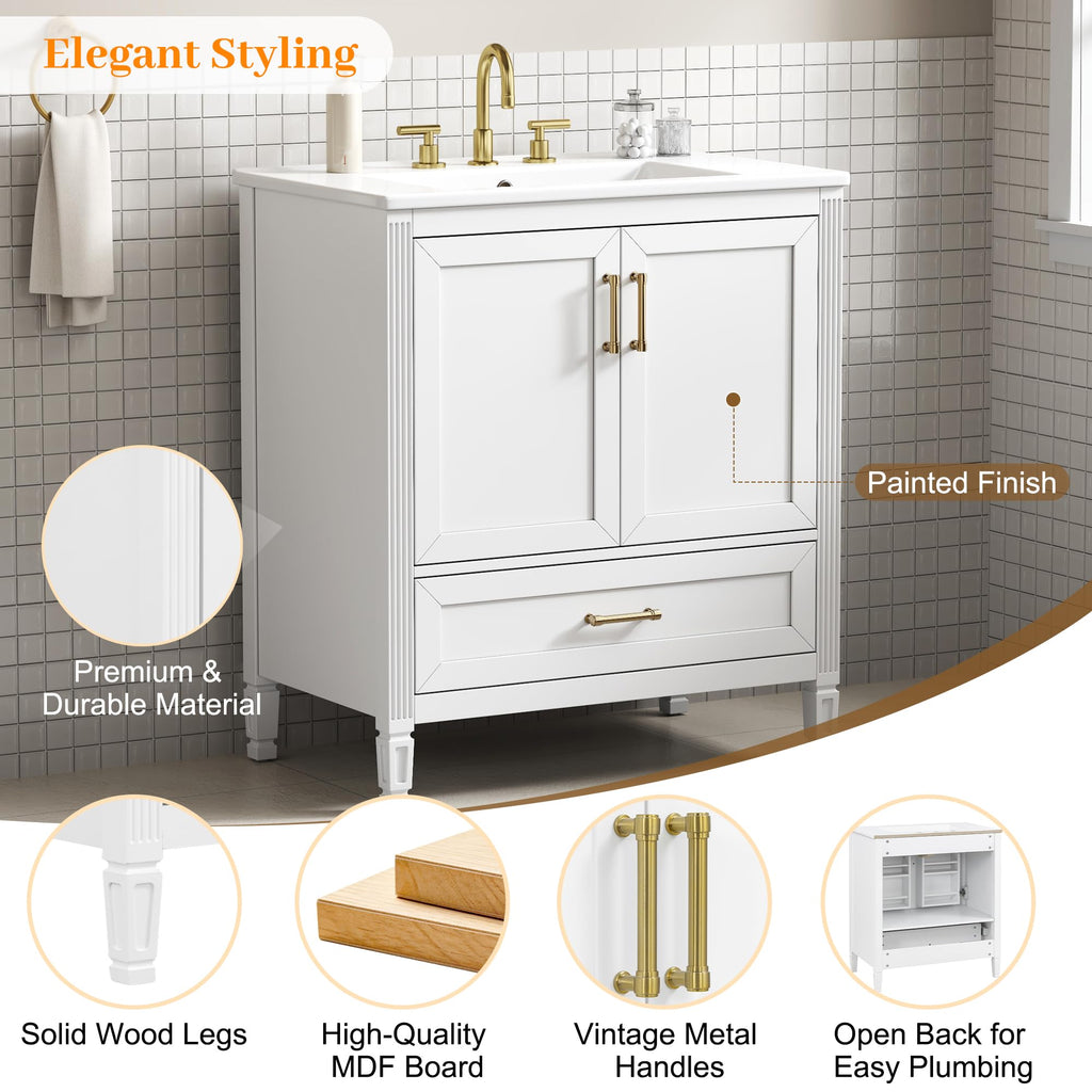 30" Bathroom Vanity Cabinet with Undermount Sink, Storage Rack Shelf, Multi-Functional Drawer Divider, Soft Closing Doors, Black