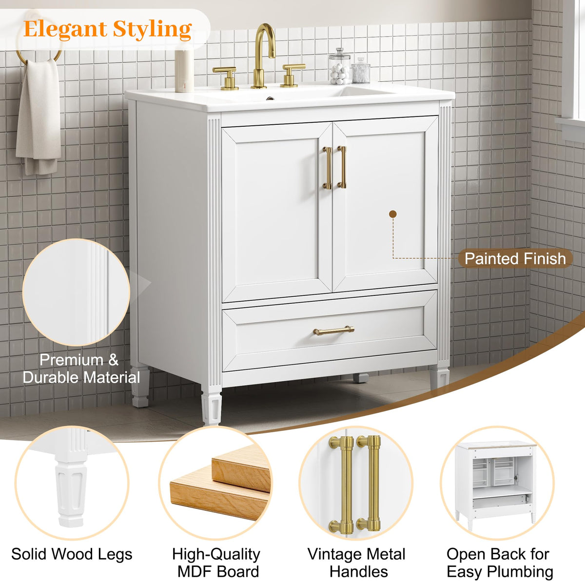 30" Bathroom Vanity Cabinet with Undermount Sink, Storage Rack Shelf, Multi-Functional Drawer Divider, Soft Closing Doors, Black