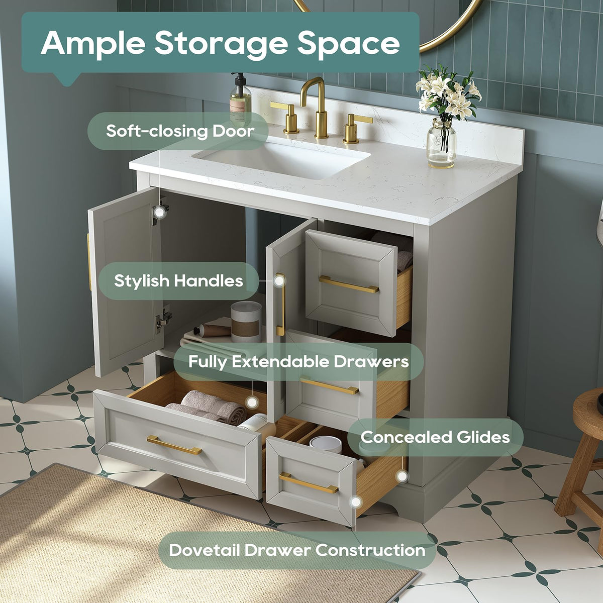 60 Inch Bathroom Vanity with Double Sink Combo, Greige