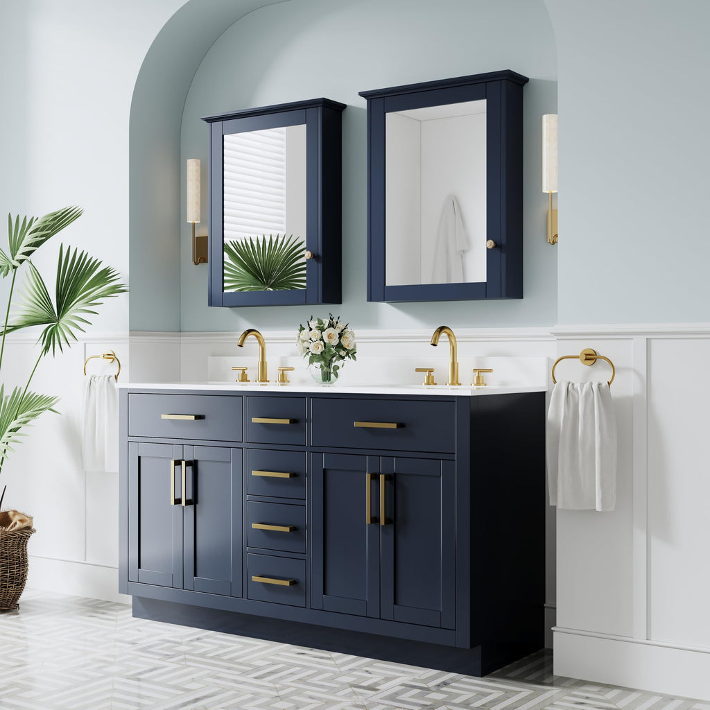 WELLFOR 36-Inch Bathroom Vanity with Sink W/ 2 Doors & 4 Drawers & 1 Flip Drawer,Navy Blue Vanity W/Matte Black Handles