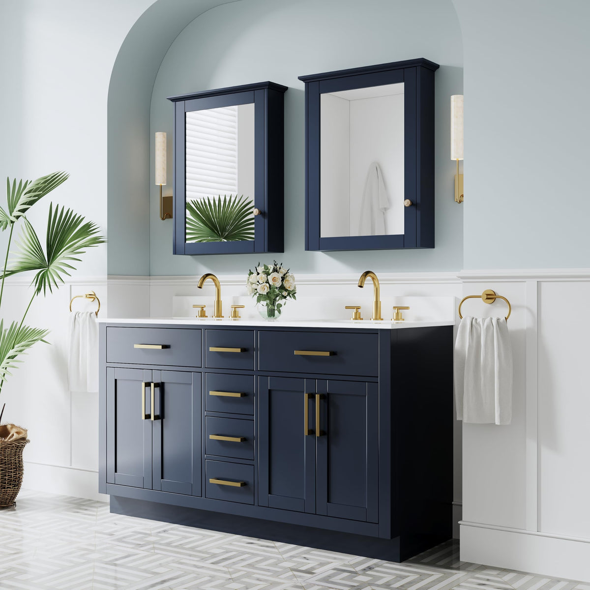 WELLFOR 36-Inch Bathroom Vanity with Sink W/ 2 Doors & 4 Drawers & 1 Flip Drawer,Navy Blue Vanity W/Matte Black Handles