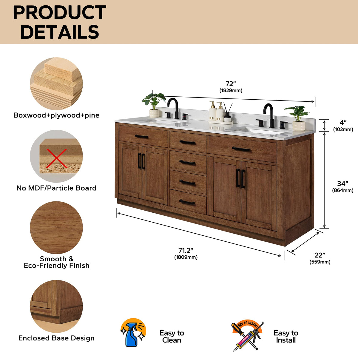 48-inch Dark Walnut Bathroom Vanity with Sink, Solid Wood, 0.79-inch Stone Countertop and Backsplash, 9 Drawers, 2 Soft Closing Doors