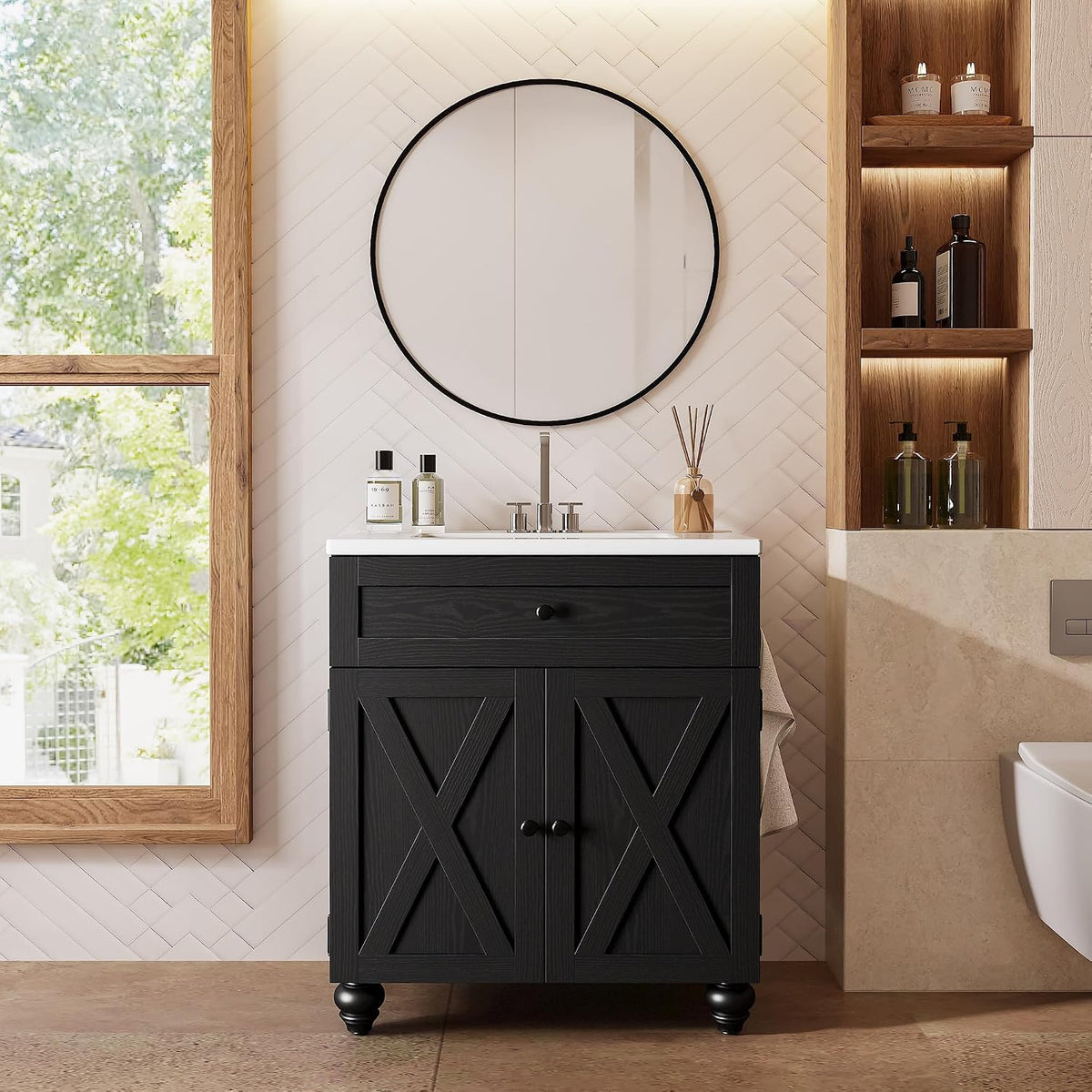30 Inch Bathroom Vanity with Sink Easy-to-Install 30" Bathroom Vanity 2-Tier Large Storage Areas with Adjustable Shelves 4-Tier Storage Compartments Tip-out Drawer 2 Hooks Solid Wood Legs Black