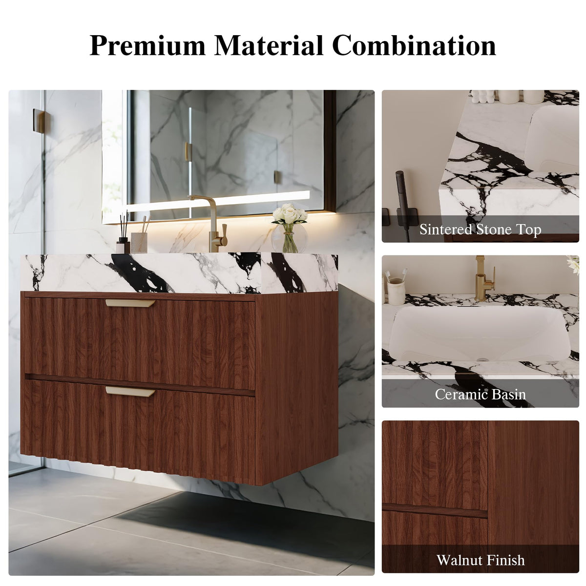 36 Inch Bathroom Vanity with Sink, Black Floating Wall Mounted Vanity