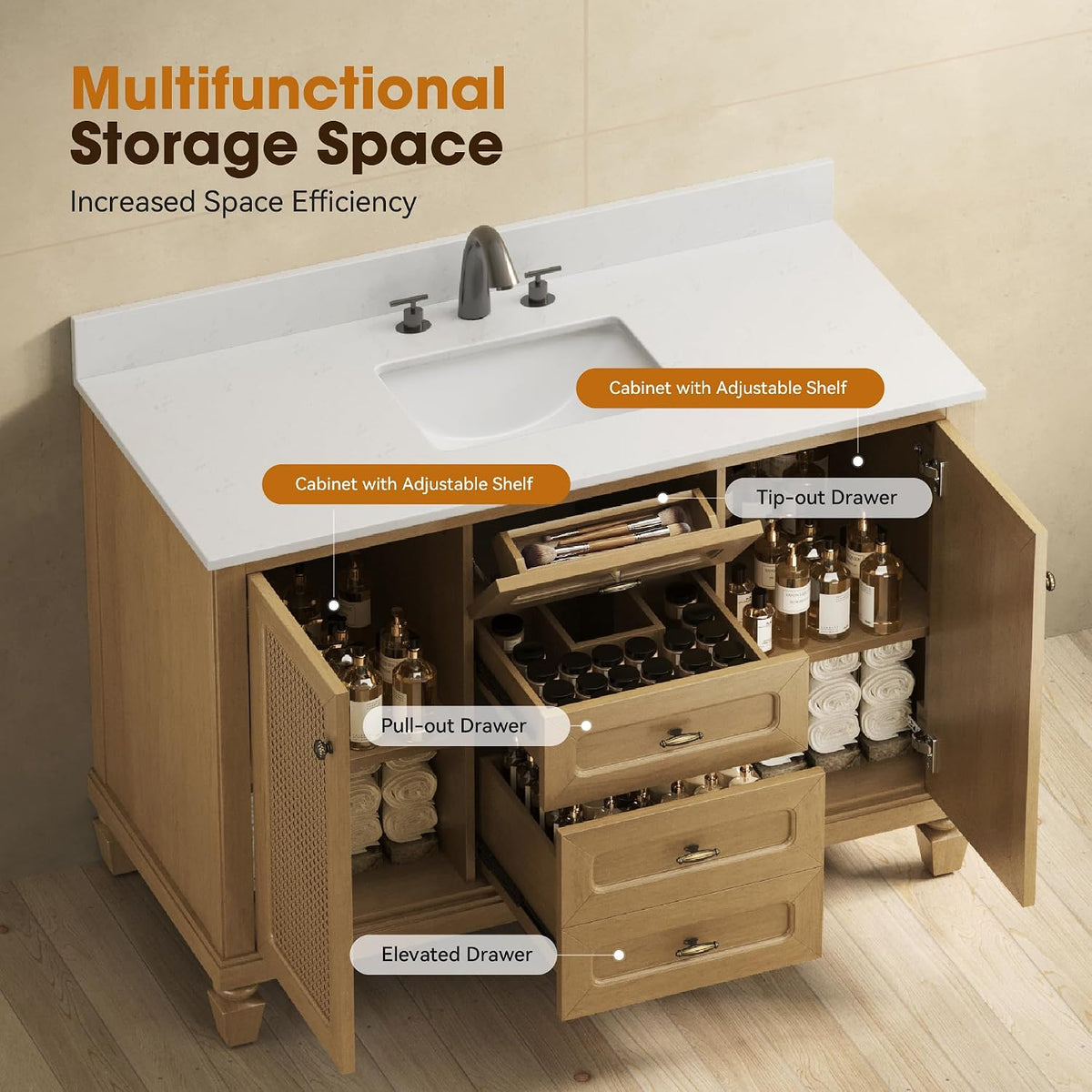 48 Inch Bathroom Vanity with Sink, Fully Pre-Assembled, Light Oak