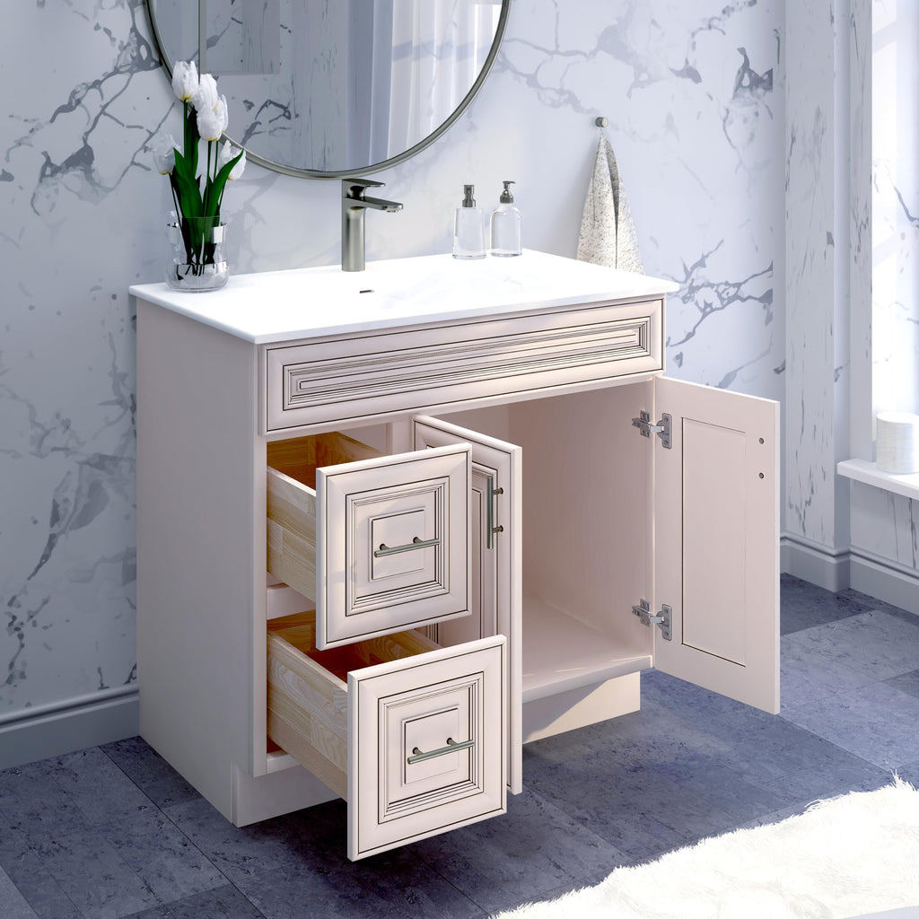 36" Maple Walnut Bathroom Vanity Base â Ready-to-Assemble Sink Cabinet with Drawers, Shaker Style Storage, Base Only, No Top or Sink