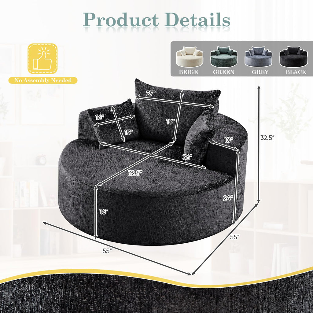 Oversized Round Chaise Longue Chair Indoor, Modern 55-inch Upholstered Corduroy Deep Seat Circle Single Cloud Lounge Floor Sofa Chair for Living Room, Bedroom Apartment, Beige