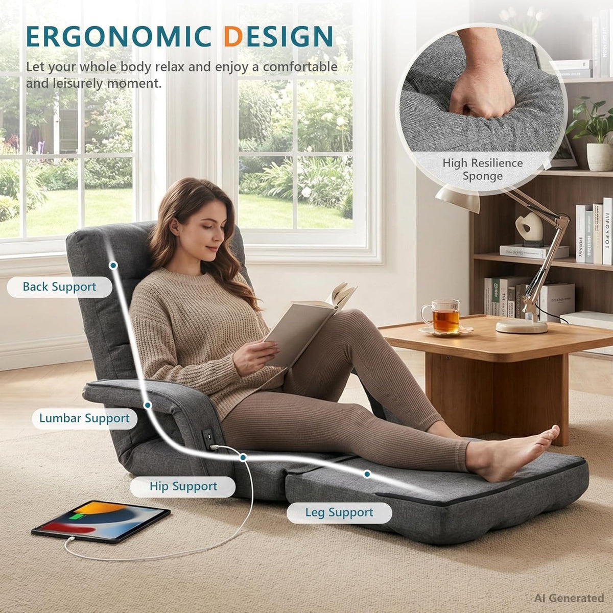 Comfy Floor Chair with Adjustable Backrest, Gaming Sofa Chairs (Grey)