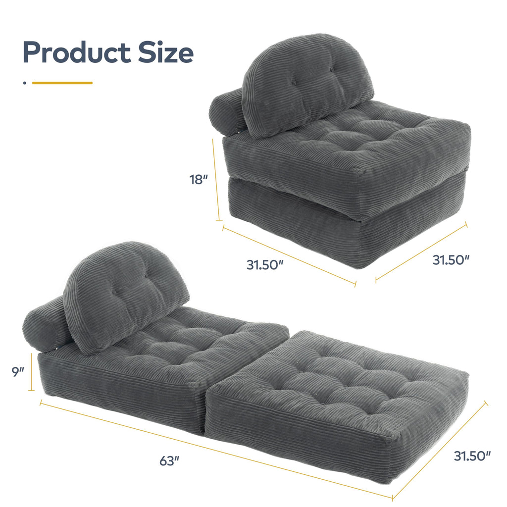 Convertible Corduroy Floor Sofa, 3-in-1 Folding Lazy Sofa Bed with Adjustable Backrest, Soft Bean Bag Chair Lounger for Living Room, Bedroom, Guest Room, Oversized Sleeper Chair