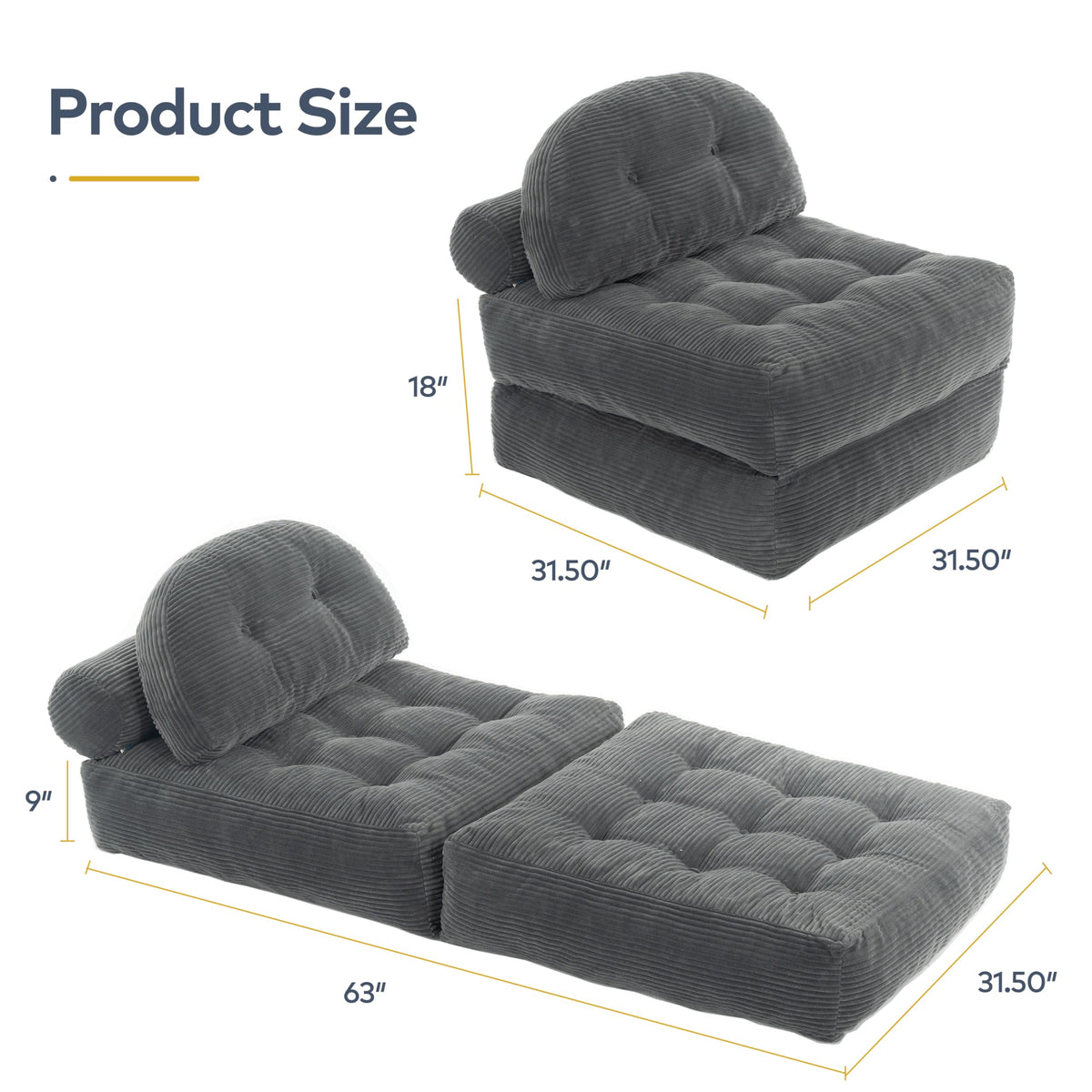 Convertible Corduroy Floor Sofa, 3-in-1 Folding Lazy Sofa Bed with Adjustable Backrest, Soft Bean Bag Chair Lounger for Living Room, Bedroom, Guest Room, Oversized Sleeper Chair