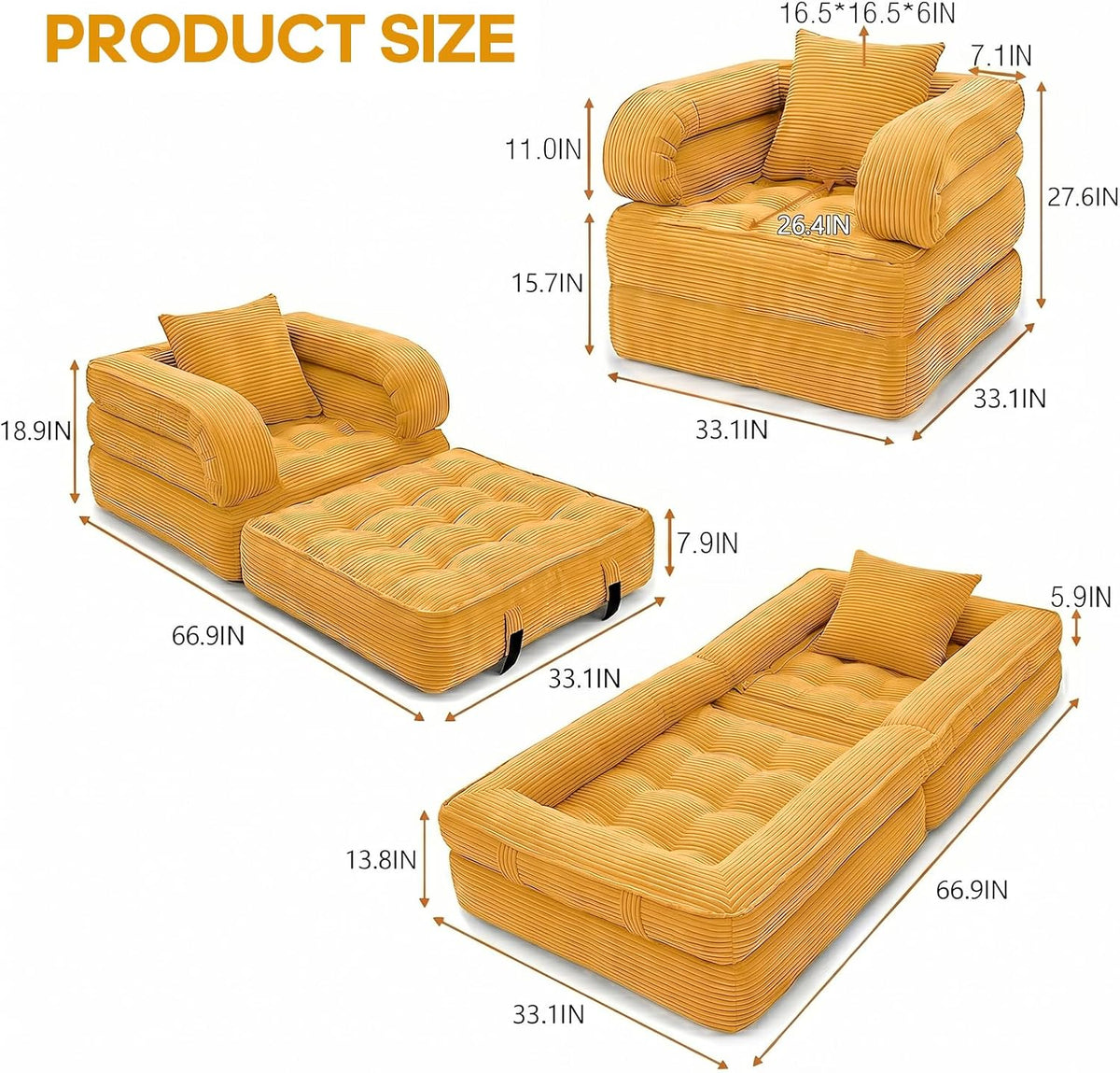 Folding Sofa Bed, Convertible Sleeper Chair with Armrests, Corduroy Foldable Boneless Bed, 3-in-1 Portable Futon Couch Floor Sofa with Pillow for Bedroom, Living Room, Orange
