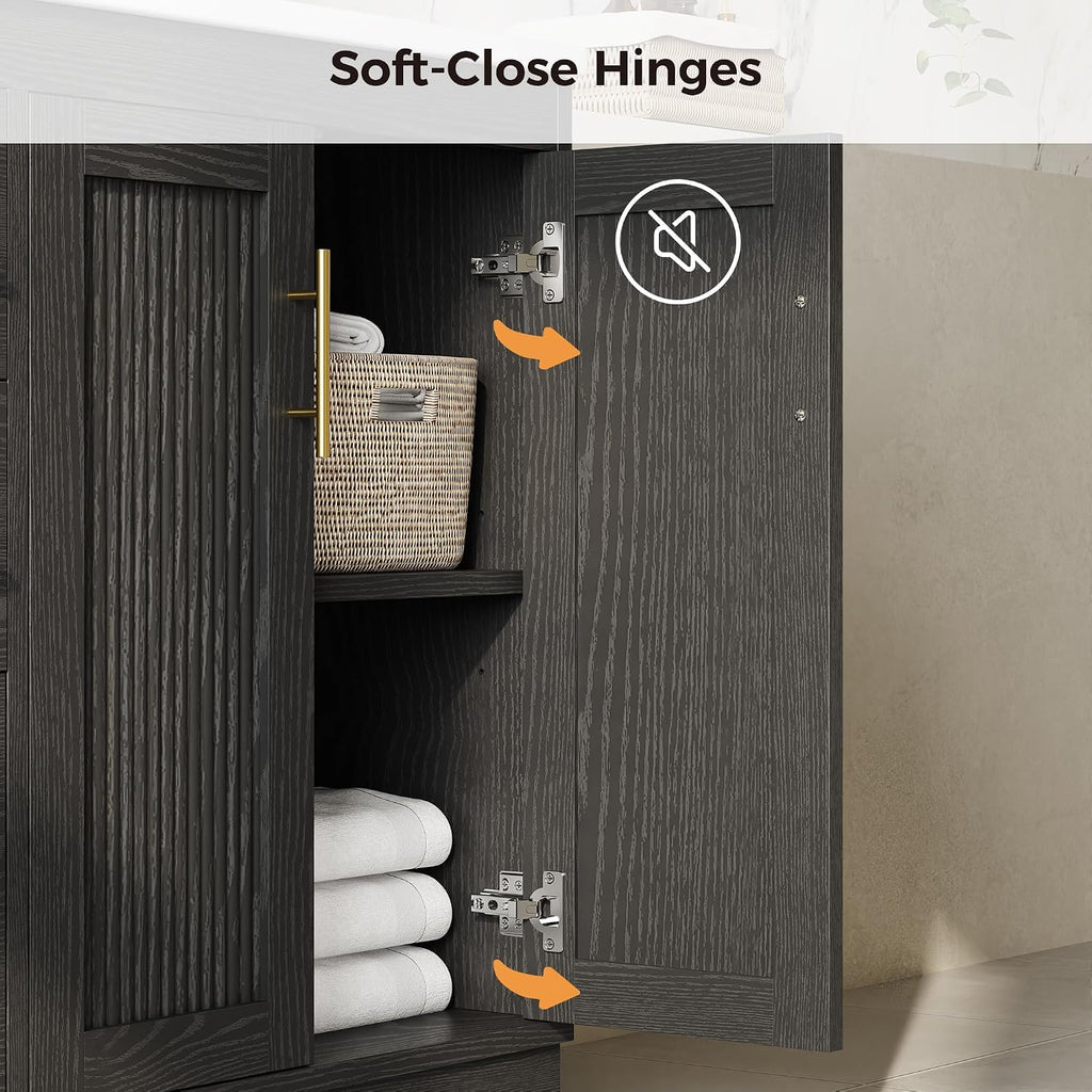 IRONCK 36 Inch Bathroom Vanity with Sink, Modern Black Bathroom Cabinet with Soft Closing Doors, 3 Drawers, Adjustable Shelf & Toilet Paper Holder