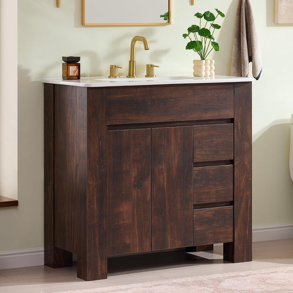 T4TREAM 36 Inch Bathroom Vanity with Sink, Modern Single Sink Bathroom Vanity, Large Bathroom Drawered Cabinet with Handle-Free Design, Dark Walnut