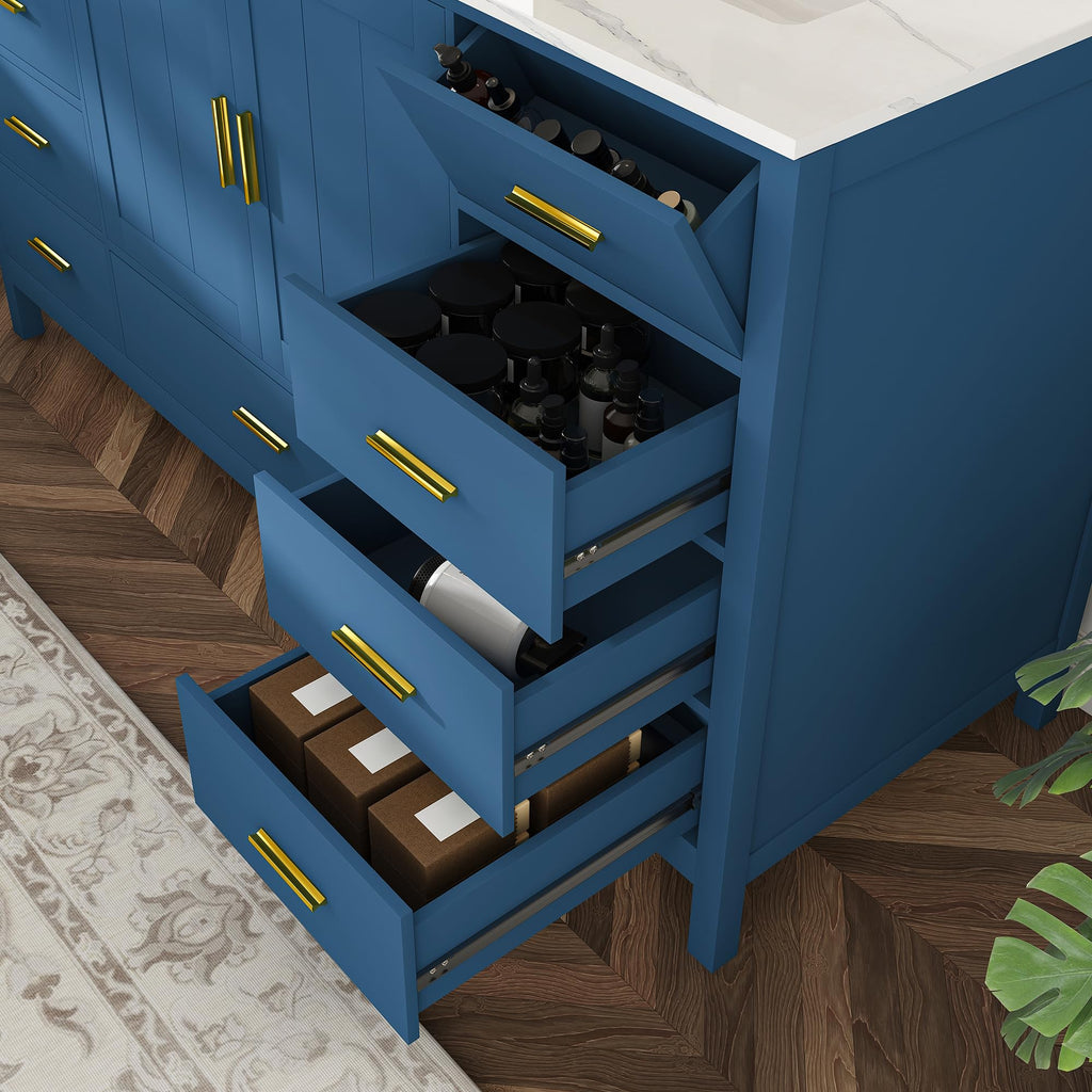 60" Bathroom Vanity Single Sink with 3 Hole, Sink Bathroom Vanity with Solid Wood Frame Storage,Soft Close Double Doors & 9 Sliding Drawers, with Gold Accents