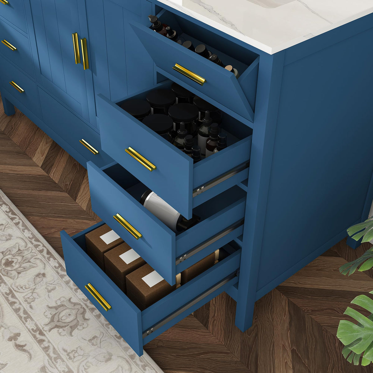 60" Bathroom Vanity Single Sink with 3 Hole, Sink Bathroom Vanity with Solid Wood Frame Storage,Soft Close Double Doors & 9 Sliding Drawers, with Gold Accents