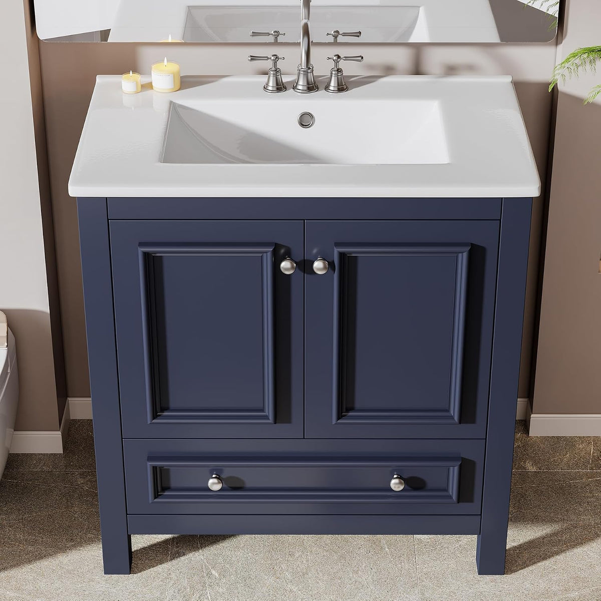 Tribesigns 30" Bathroom Vanity with Sink, Freestanding Bathroom Vanities Cabinet with Ceramic Basin Combo, Bathroom Sink Cabinet with 2 Doors and 1 Drawer, Solid Wooden Frame (Navy Blue, 30 INCH)