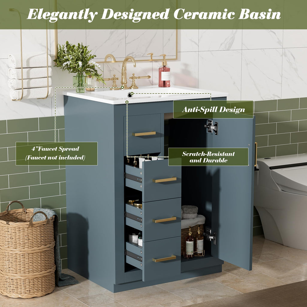 30 Inch Green Bathroom Vanity with Sink & Gold Handles,Light Luxury