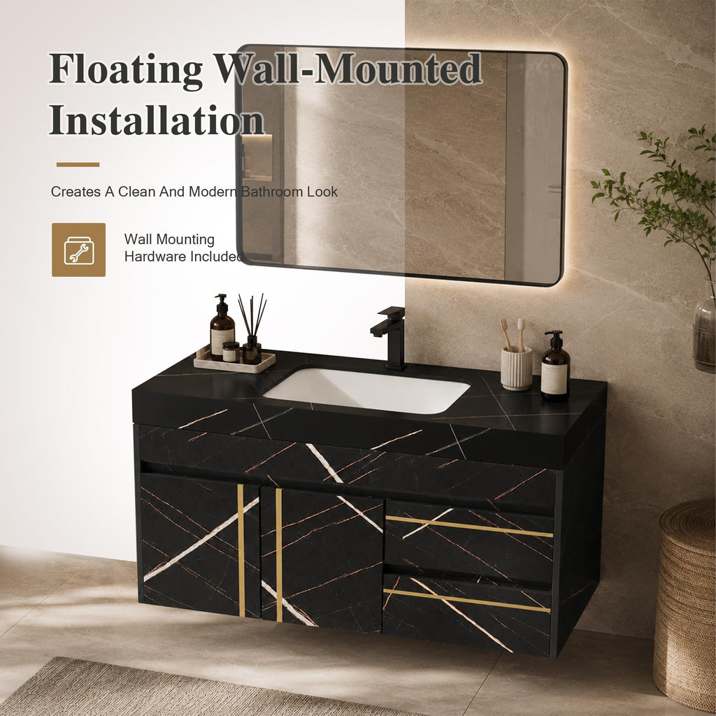 36 Inch Bathroom Vanity with Sink, Black Floating Wall Mounted Vanity