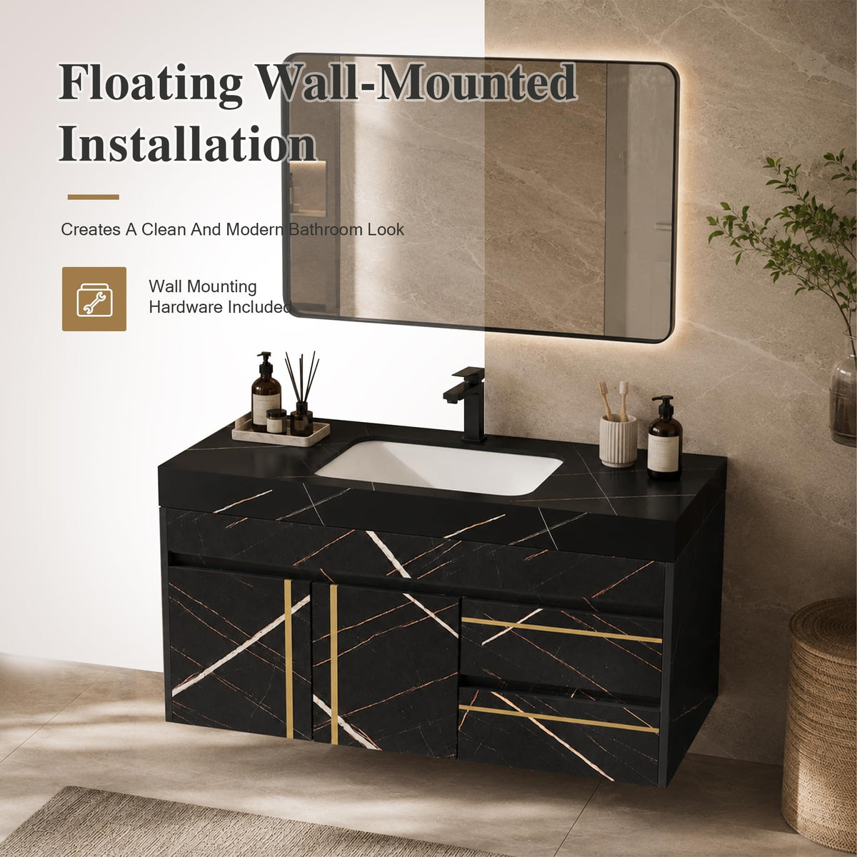 36 Inch Bathroom Vanity with Sink, Black Floating Wall Mounted Vanity