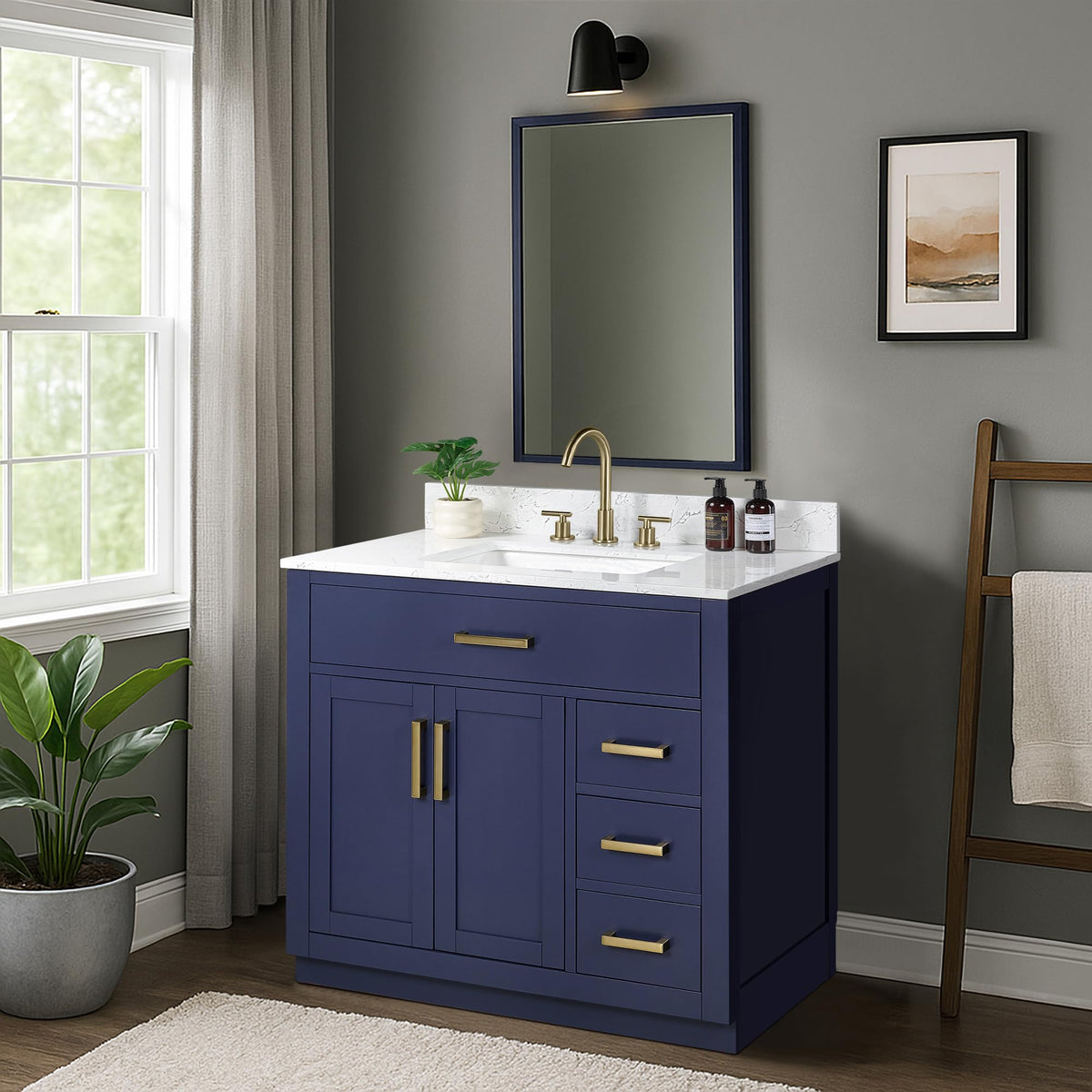 48-inch Dark Walnut Bathroom Vanity with Sink, Solid Wood, 0.79-inch Stone Countertop and Backsplash, 9 Drawers, 2 Soft Closing Doors