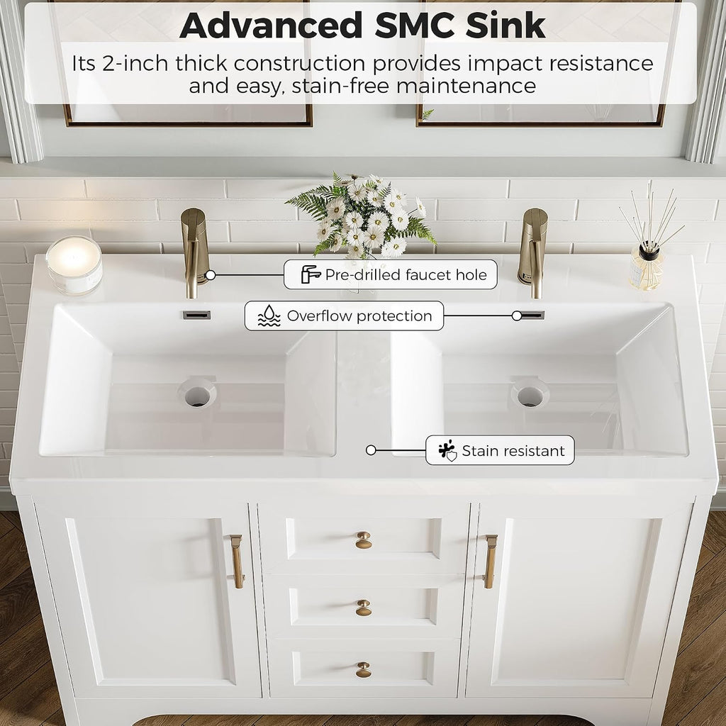 LIKIMIO 47.2" Bathroom Vanity with Sink, 3 Drawers & 2 Doors, White
