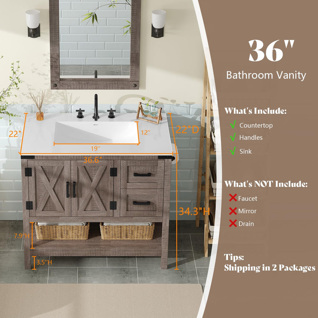 AMERLIFE 48" White Farmhouse Sink Bathroom Vanity, Solid White Top