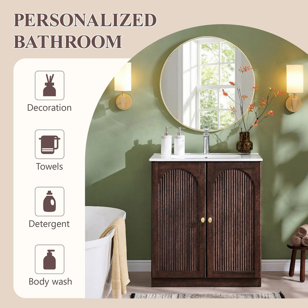 IFGET 30 Inch Bathroom Vanity with Sink, Arched Fluted Design, Natural Oak