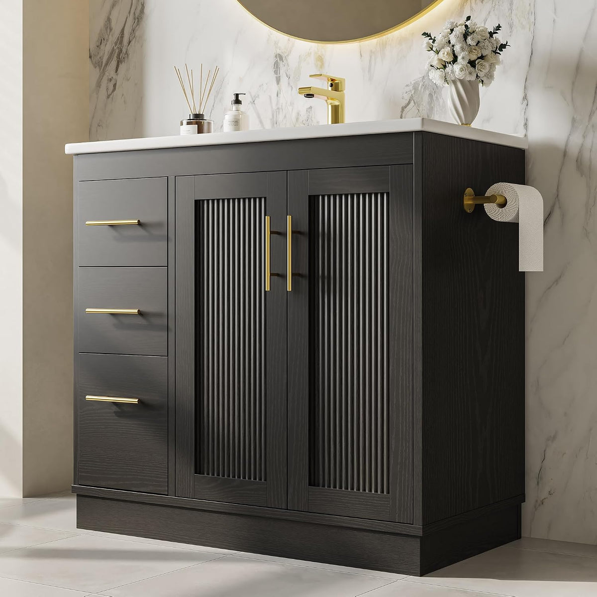 IRONCK 36 Inch Bathroom Vanity with Sink, Modern Black Bathroom Cabinet with Soft Closing Doors, 3 Drawers, Adjustable Shelf & Toilet Paper Holder