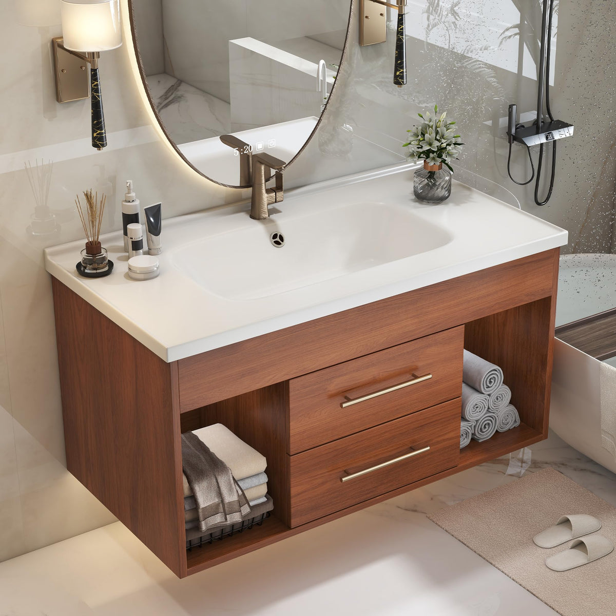 Glintee 40" Floating Bathroom Vanity & Sintered Stone Top, Black