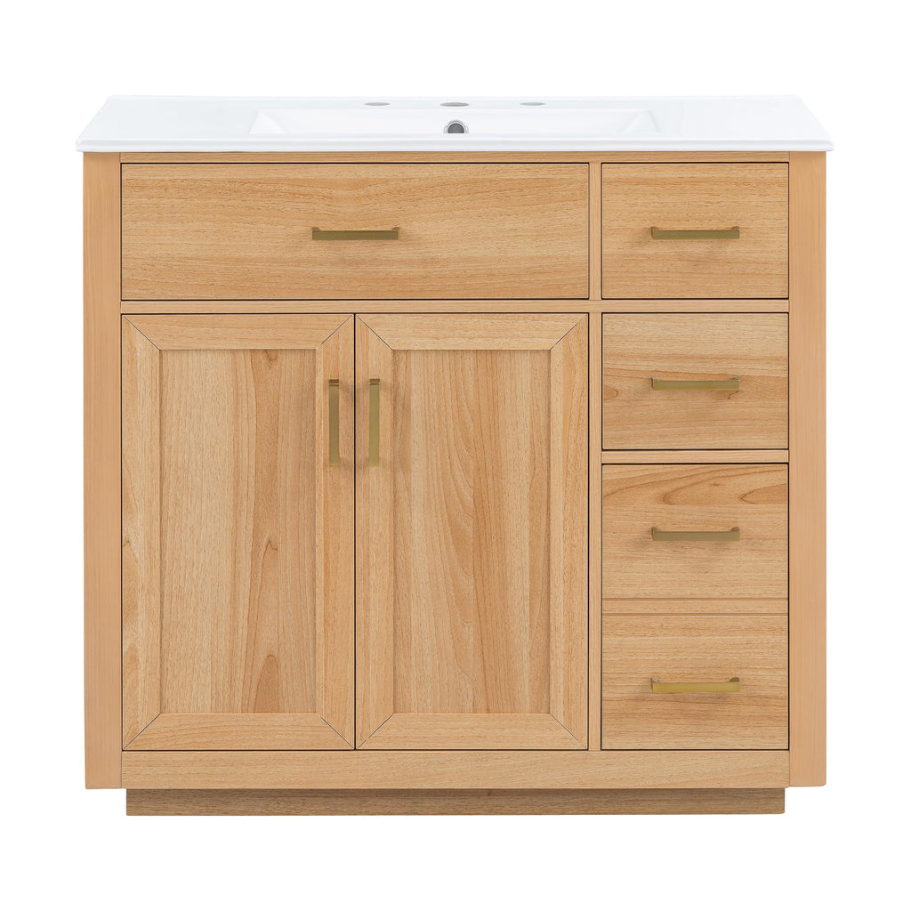 36 Inch Bathroom Vanities with Undermount Ceramic Sink, Storage Cabinet with Soft Closing Doors and Three Drawers, Solid Wood Frame, Natural Wood