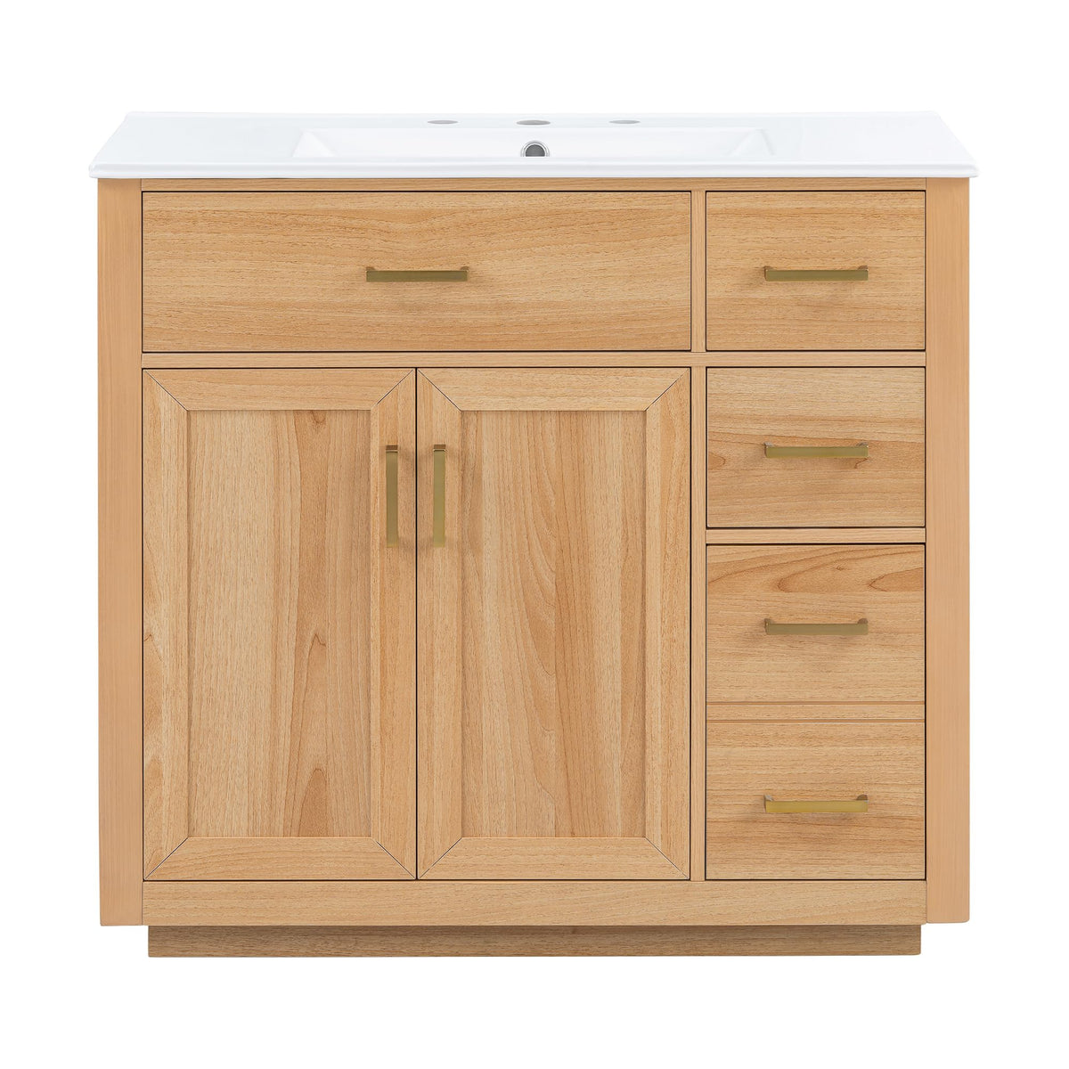 36 Inch Bathroom Vanities with Undermount Ceramic Sink, Storage Cabinet with Soft Closing Doors and Three Drawers, Solid Wood Frame, Natural Wood