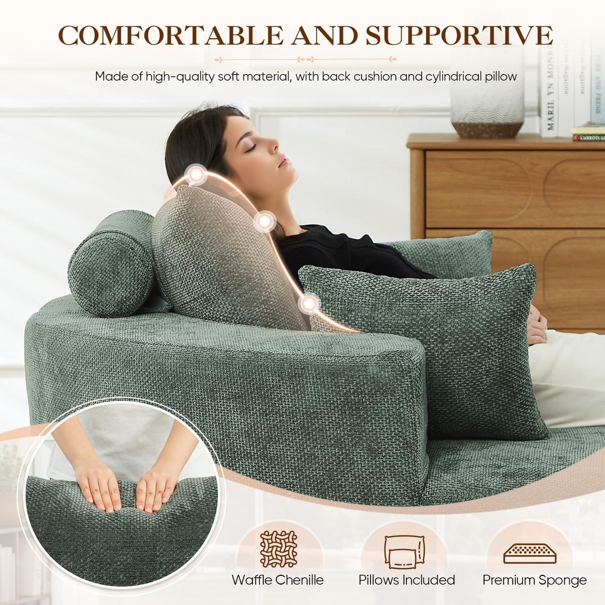 Oversized Round Chaise Longue Chair Indoor, Modern 55-inch Upholstered Corduroy Deep Seat Circle Single Cloud Lounge Floor Sofa Chair for Living Room, Bedroom Apartment, Beige