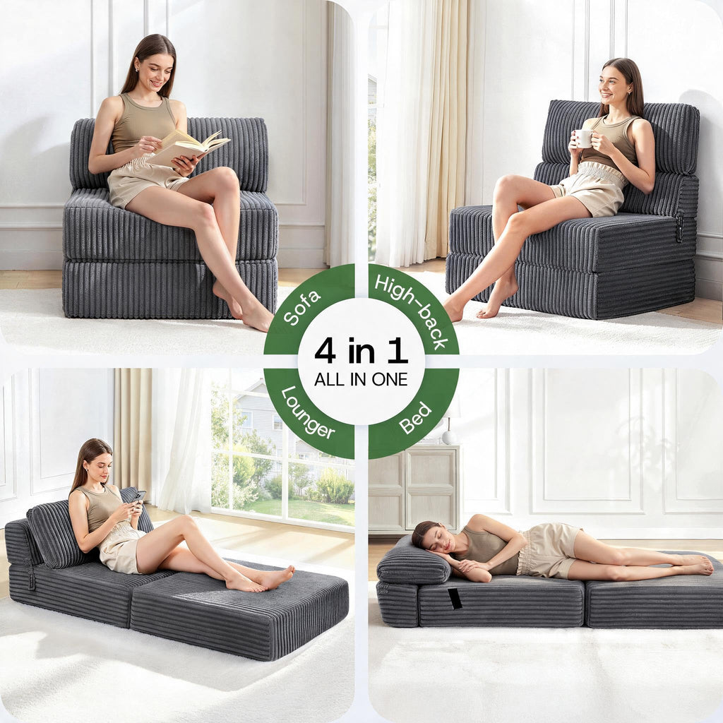 Folding Sofa Bed Convertible 4 in 1 Sleeper Chair Gray Single
