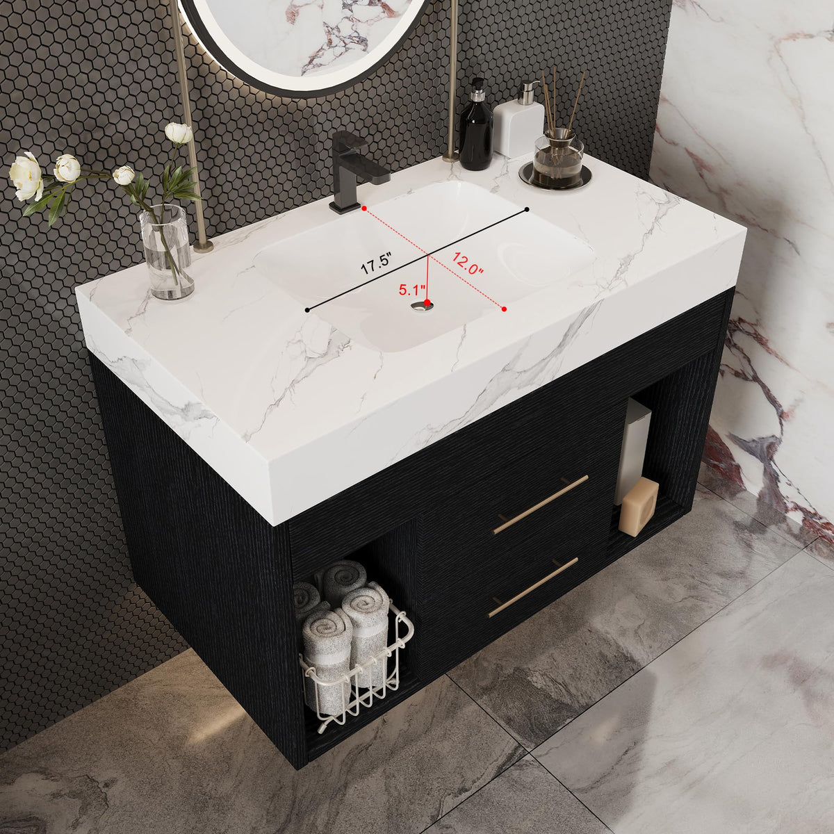 Glintee 40" Floating Bathroom Vanity & Sintered Stone Top, Black