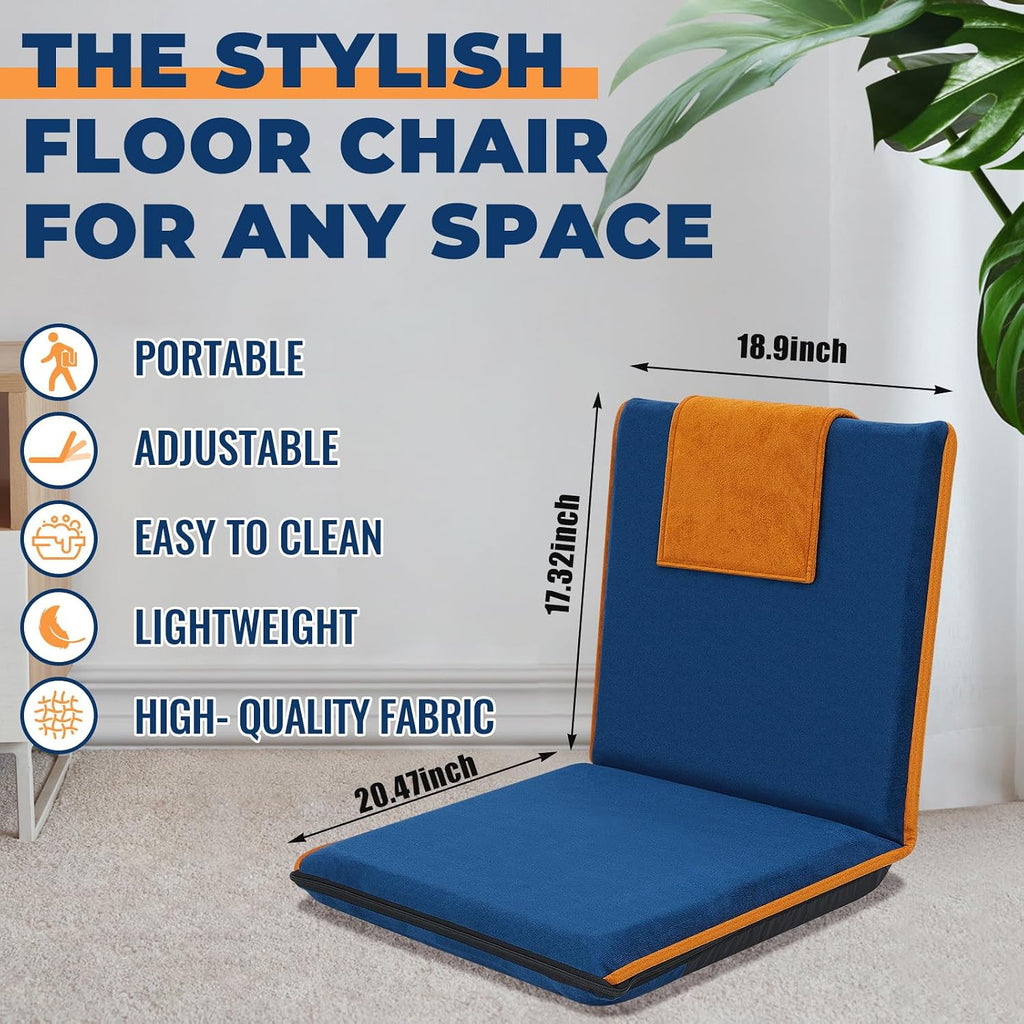 2 Pcs Floor Chair with Back Support Padded Floor Seating Portable Floor Seat Meditation Cushion Adjustable Fully Folding Backrest for Adult Kid Gaming Linen Washable Cover, Nylon Bottom (Blue, Khaki)
