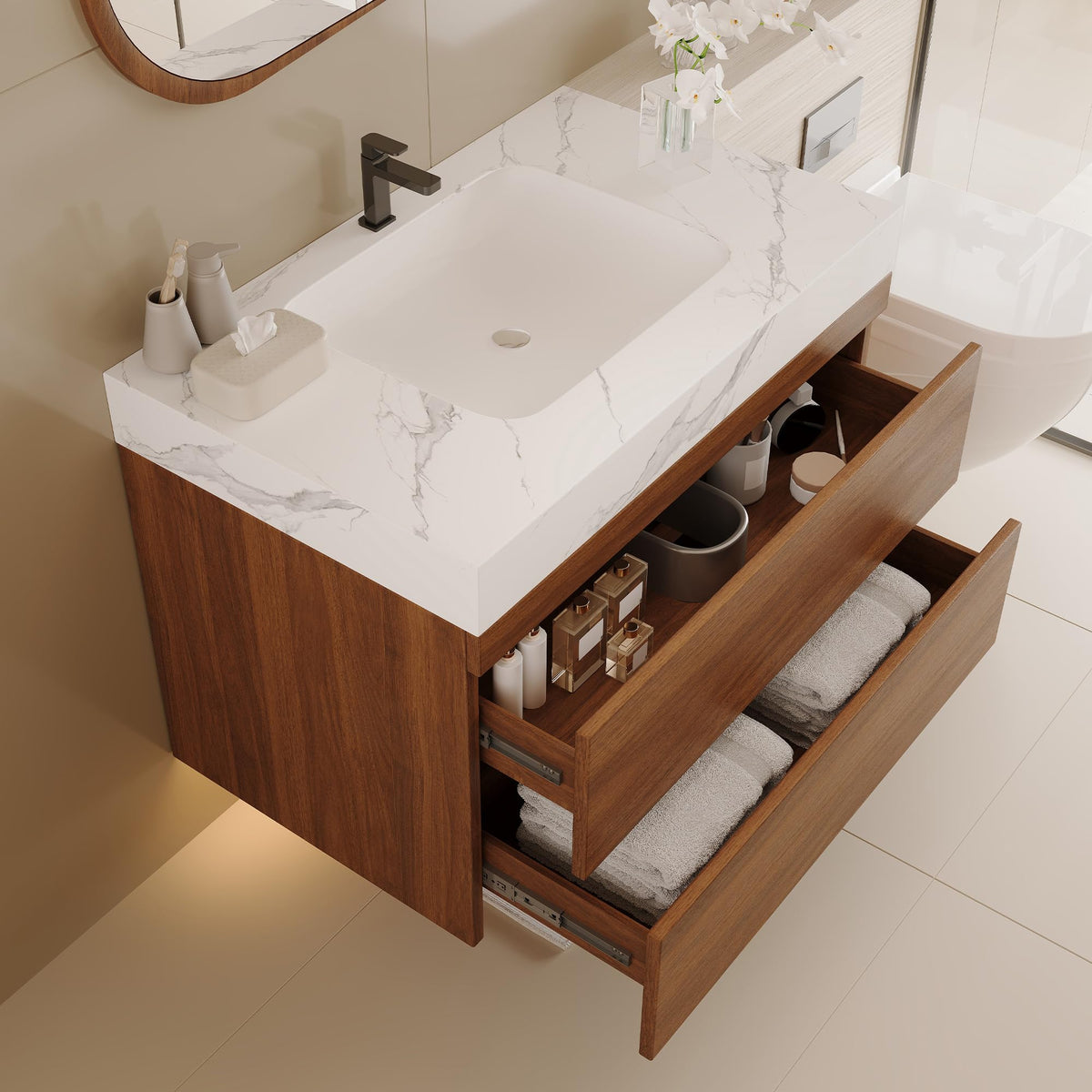 Glintee 40" Floating Bathroom Vanity & Sintered Stone Top, Black