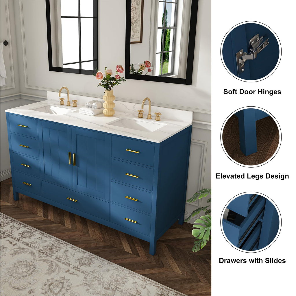 60" Bathroom Vanity Single Sink with 3 Hole, Sink Bathroom Vanity with Solid Wood Frame Storage,Soft Close Double Doors & 9 Sliding Drawers, with Gold Accents