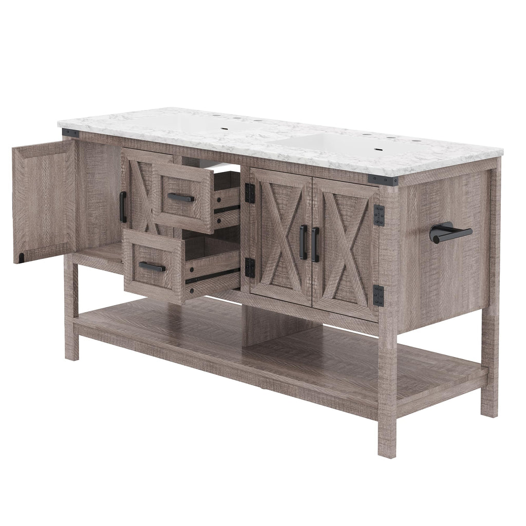 AMERLIFE 48" White Farmhouse Sink Bathroom Vanity, Solid White Top