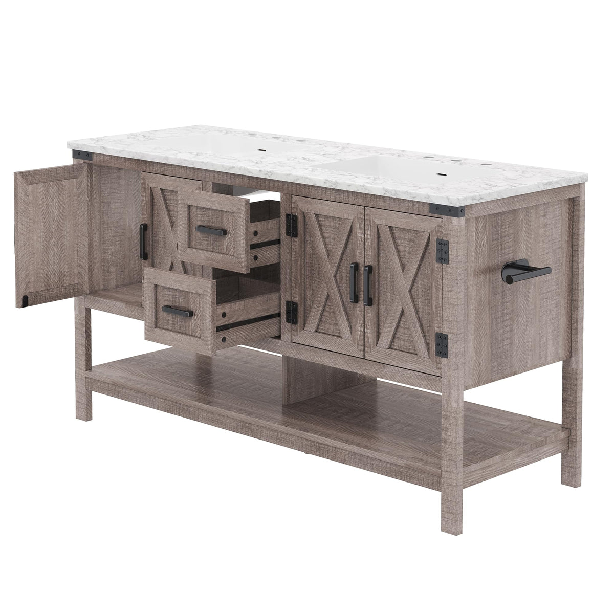 AMERLIFE 48" White Farmhouse Sink Bathroom Vanity, Solid White Top