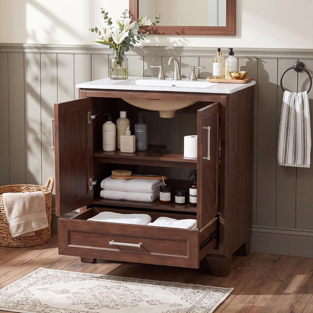 Tribesigns 30 Inch Bathroom Vanity with Sink, Water-Resistant Door, Walnut