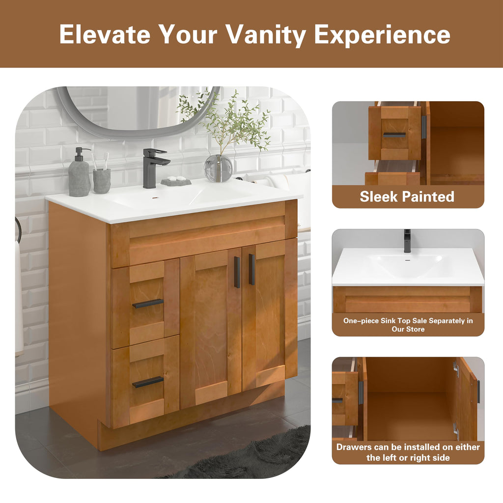 36" Maple Walnut Bathroom Vanity Base â Ready-to-Assemble Sink Cabinet with Drawers, Shaker Style Storage, Base Only, No Top or Sink