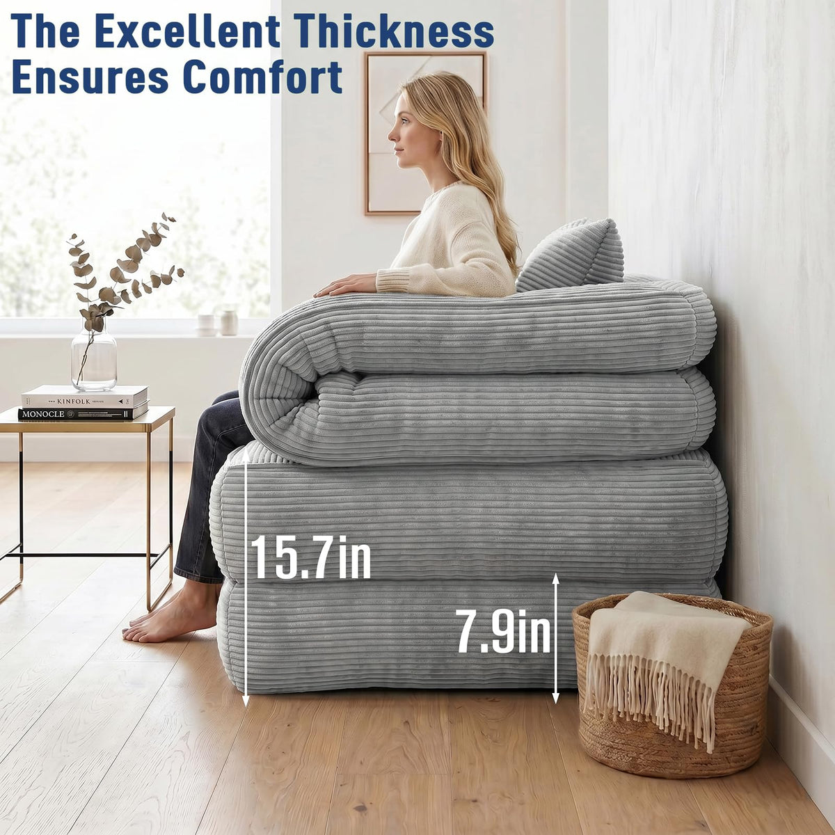 Folding Sofa Bed, Convertible Sleeper Chair with Armrests, Corduroy Foldable Boneless Bed, 3-in-1 Portable Futon Couch Floor Sofa with Pillow for Bedroom, Living Room, Orange