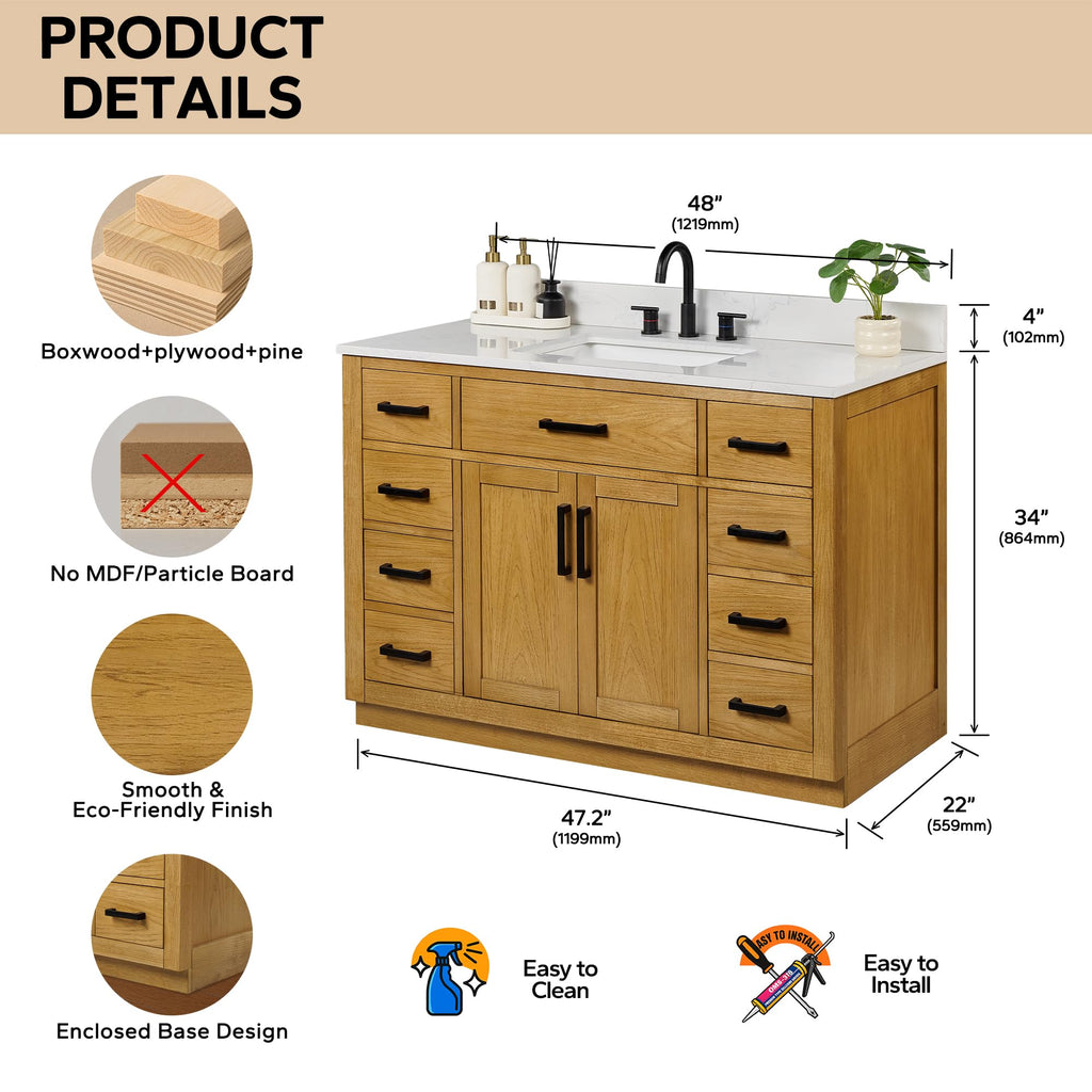 48-inch Dark Walnut Bathroom Vanity with Sink, Solid Wood, 0.79-inch Stone Countertop and Backsplash, 9 Drawers, 2 Soft Closing Doors
