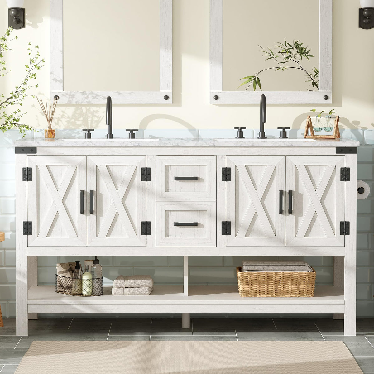 AMERLIFE 48" White Farmhouse Sink Bathroom Vanity, Solid White Top