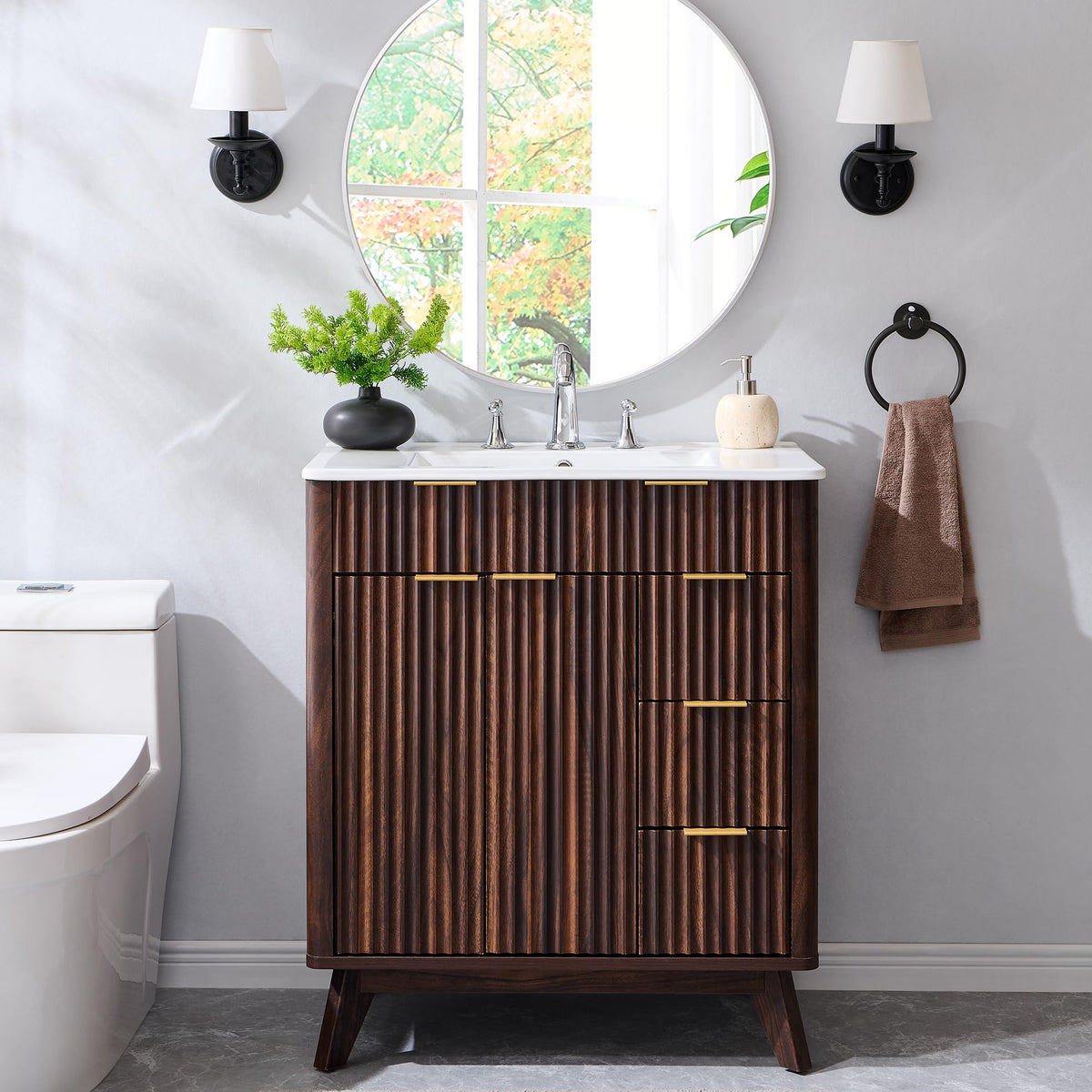 T4TREAM 60" Fluted Bathroom Vanity with Resin Sink Combo, Natural Oak