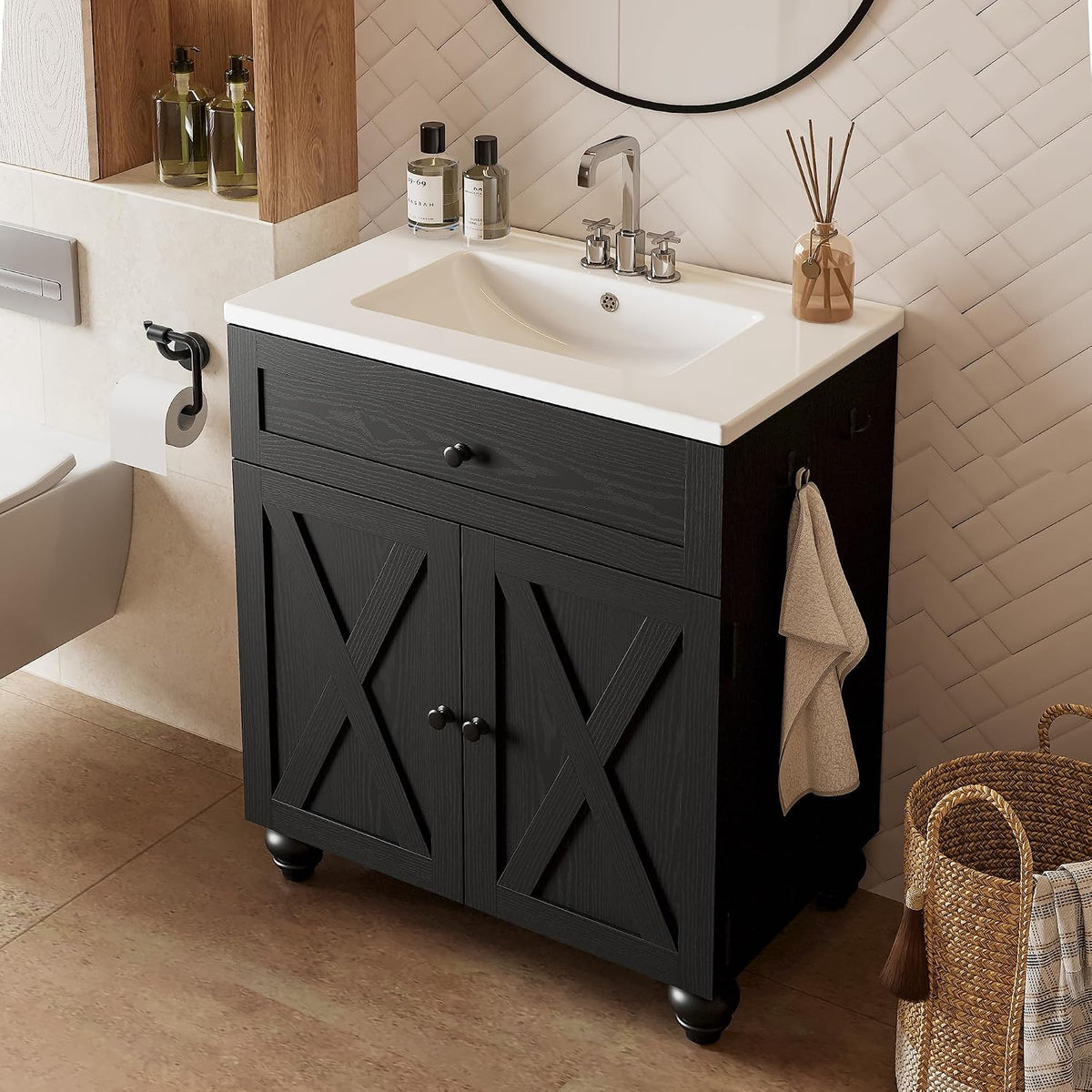 30 Inch Bathroom Vanity with Sink Easy-to-Install 30" Bathroom Vanity 2-Tier Large Storage Areas with Adjustable Shelves 4-Tier Storage Compartments Tip-out Drawer 2 Hooks Solid Wood Legs Black