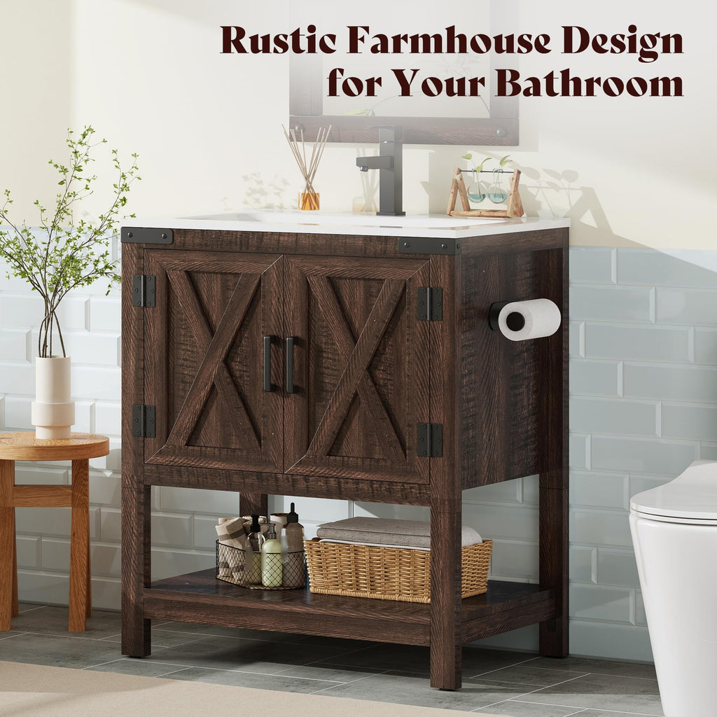 AMERLIFE 48" White Farmhouse Sink Bathroom Vanity, Solid White Top